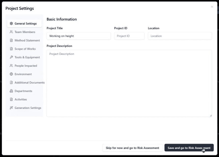 Project settings - entering risk assessment topic